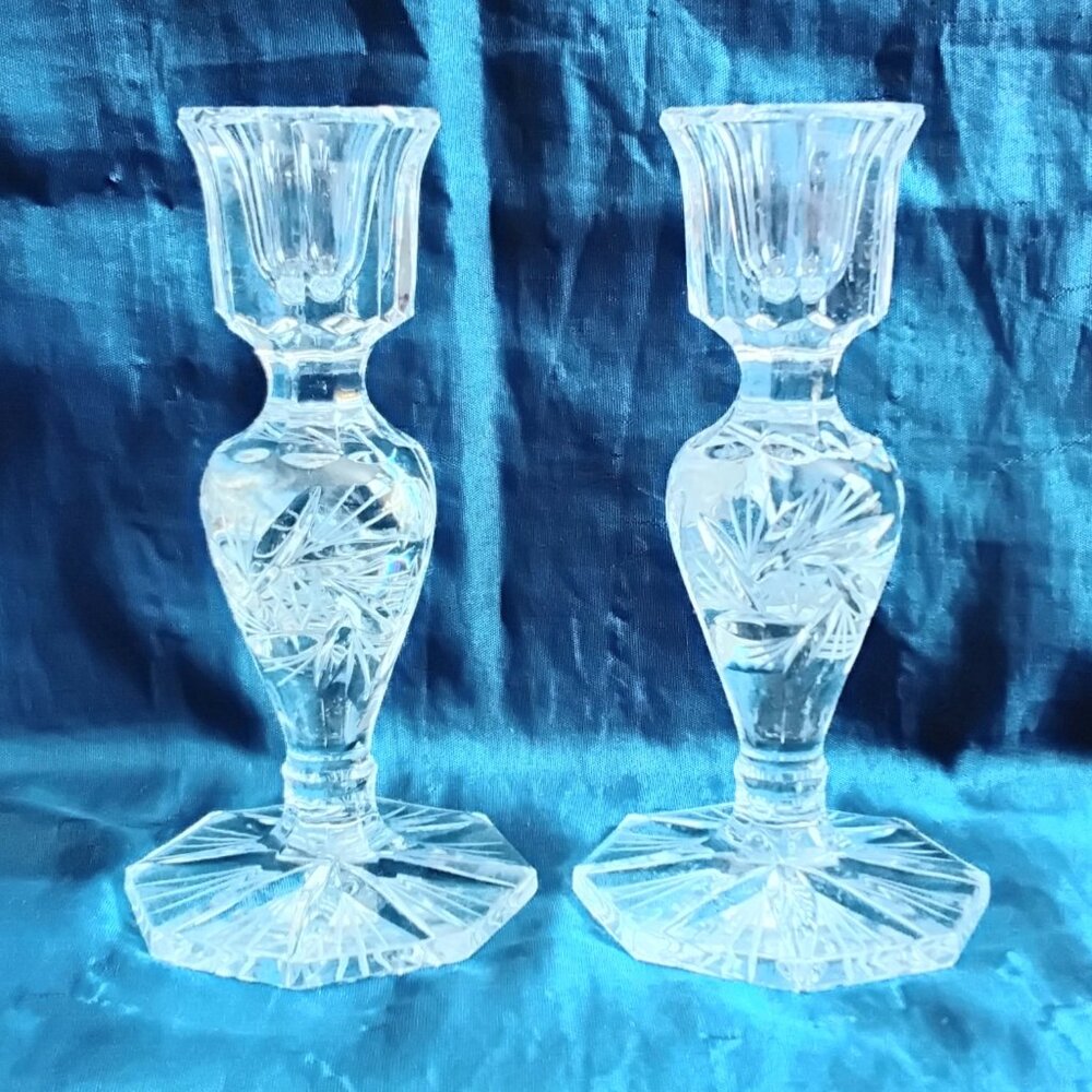 Immaculate Pair of Vintage 5 1/2" American Cut Eleanor Candlestick Holders!!